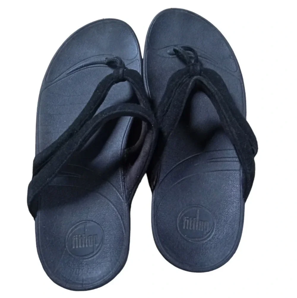 Fitflop Women's Lulu Thong Wedge Sandal Black Leather Upper Size 10